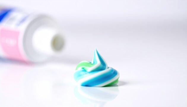 Minty blue and green toothpaste swirl on white background.