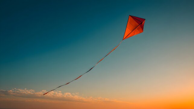Vibrant orange kite soaring high against a gradated sunset sky with trailing tail ribbon with depicts solitary orange during peaceful golden