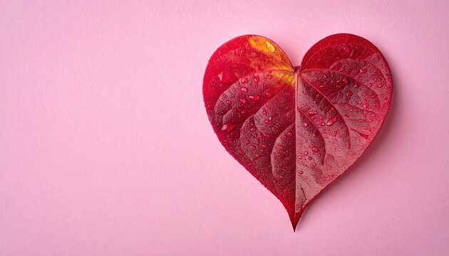 Wet heart shaped leaf on pink paper, romantic greeting card