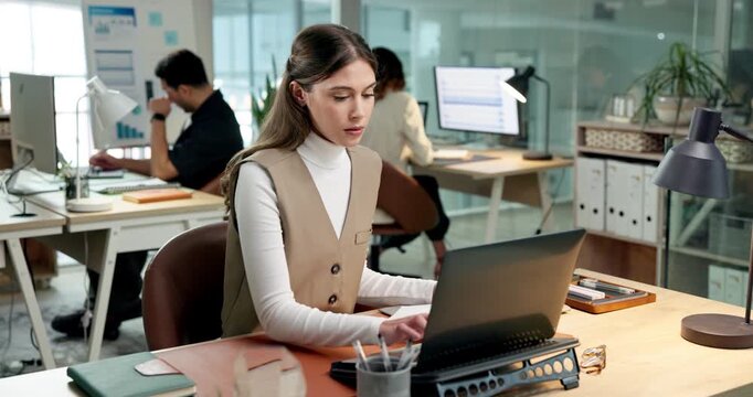 Review, paper or woman in office with laptop, expense analysis or research on funding pitch. Coworking, digital or finance analyst with document, budget control or report draft on investment proposal