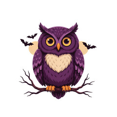 Obraz premium Cute purple owl with heart chest perched on branch during twilight with bats flying isolated on transparent background