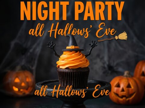 Halloween cupcake with a witch hat on the party table