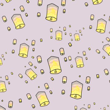 Seamless pattern of Thai sky lanterns background, Loy Krathong and Yi Peng festival doodle illustration