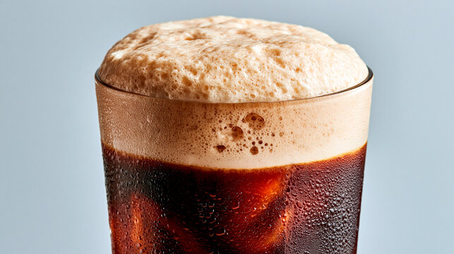 Cold cola with ice cubes and thick frothy foam in a chilled glass covered with condensation against a light background