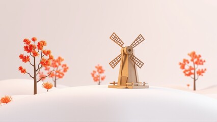 Obraz premium Minimalist scene. Wooden windmill stands on snowy hill. Orange trees dot landscape. Soft lighting creates calm atmosphere.