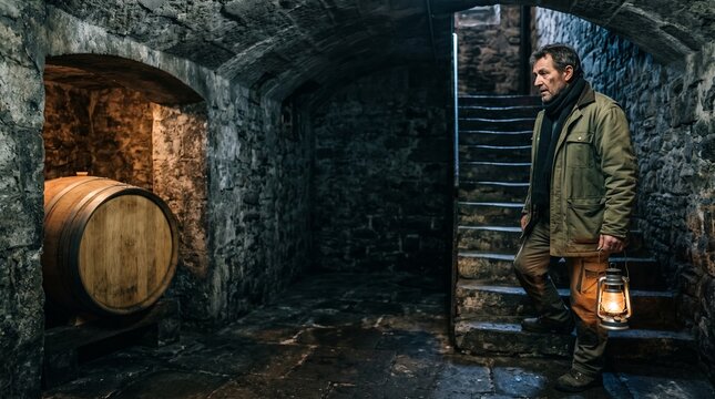 Cellar steward completes an evening round in a stone cellar