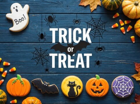 Halloween Trick or Treat Flat Lay with Cookies and Pumpkins on Wooden Background