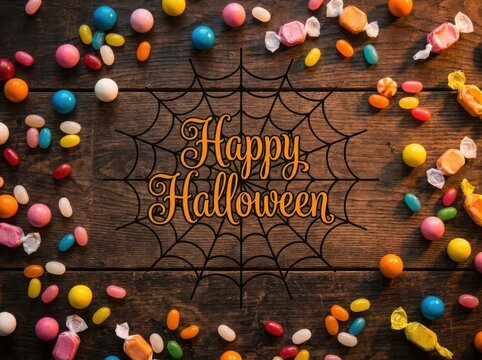 Halloween Candy Scattered on Wooden Table Background