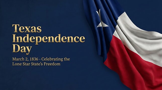 Texas Independence Day celebration banner with the official state flag of Texas waving against a dark blue background