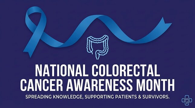 National colorectal cancer awareness month banner with blue ribbon and intestine icon on a dark blue background