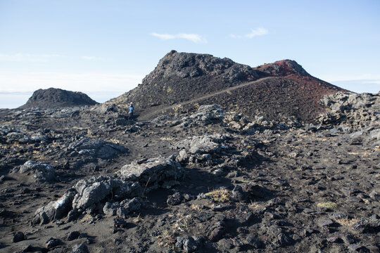 Non active volcano in volcanic fields covered with lava and rock