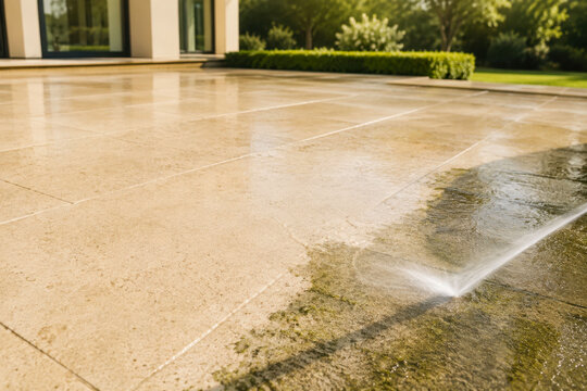 Pressure Washing Dirty Stone Patio Revealing Clean Surface with Copy Space
