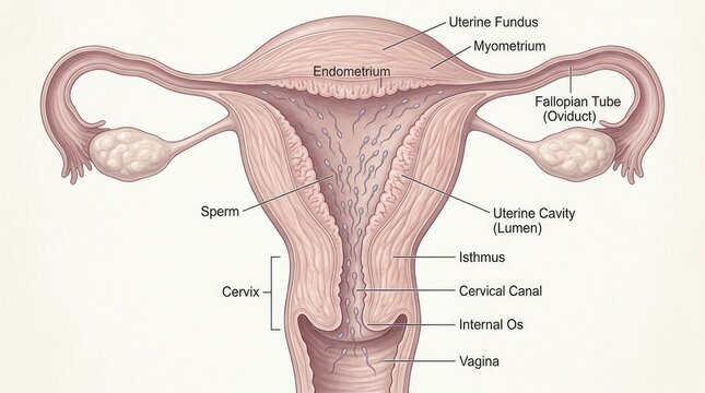 Biological life genesis: sperm navigation, fertilization process, embryonic development, female system, reproductive journey, human conception, internal view, cellular division.
