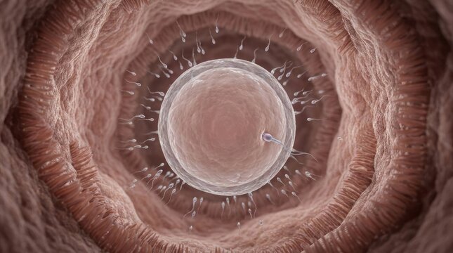 Life creation genesis: sperm cell, ovum meeting, internal view, female system, embryo development, biological reproduction, fertilization process, cellular navigate, early stage, human journey.