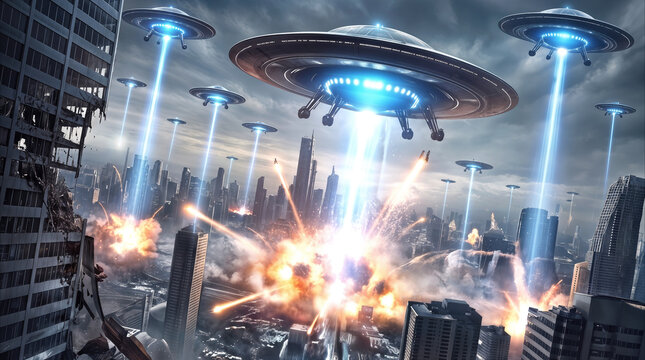 Extraterrestrial fleet attacking modern city with energy beams. Alien invasion causing massive explosions and destruction of skyscrapers in metropolitan area.