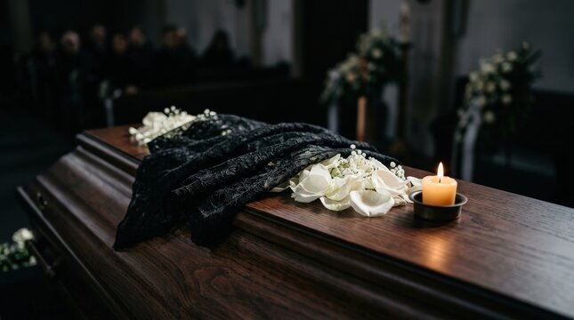 A solemn funeral service features a dark wooden coffin adorned with white flowers and a lit candle. This somber scene evokes deep mourning and remembrance.