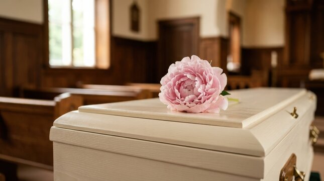 A pink peony rests delicately on a light-colored coffin, reflecting dignified end-of-life services. This image conveys remembrance and the solemnity of funeral ceremonies.