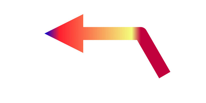 A colorful bent arrow pointing to the left with a smooth gradient transition from blue to red and yellow colors for modern digital design and ui navigation interface elements transparent background