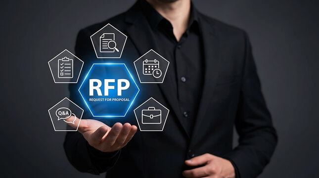 Businessman presenting RFP Request For Proposal business process concept on hand