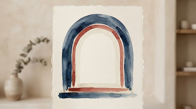 Watercolor painting of a minimalist archway in blue and terracotta tones on textured paper