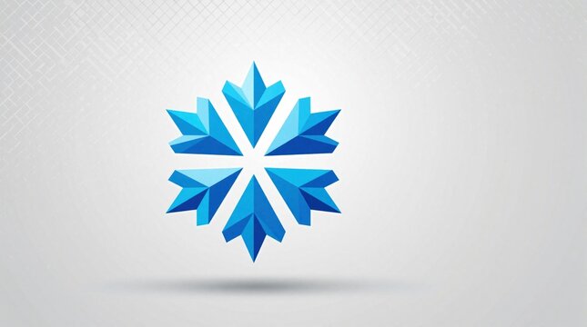 Geometric blue snowflake logo with sharp edges. Modern abstract crystal shape on gray background. Symbolizes winter season, cold, purity and elegance.