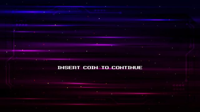 PRESS START. INSERT A COIN TO CONTINUE. pixel art 8 bit. Retro Futurism Sci-Fi Background. glowing neon grid and stars from vintage arcade computer games