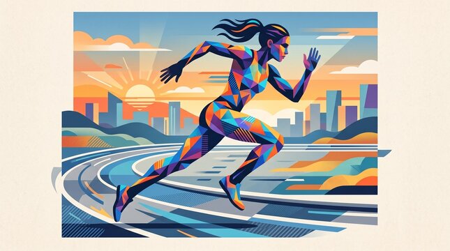 Dynamic Female Runner Geometric Polygon Art Colorful Running Athlete City Skyline Track Vector