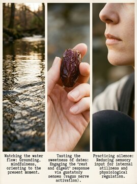Three-Panel Mindfulness Guide to Nervous System Grounding, Taste, and Sensory Silence