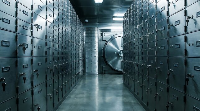 Large metal bank vault door open inside a secure room with rows of private safety deposit boxes for storage of wealth