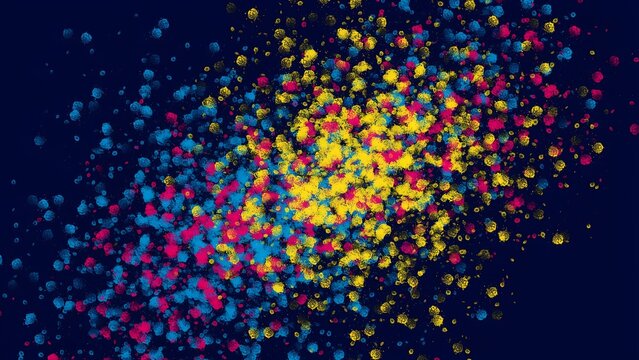 Dark background with a cluster of yellow blue and magenta paint splatters and dots