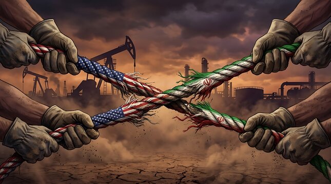 Close up of hands in work gloves pulling a thick rope apart against a dark industrial oil field background scene