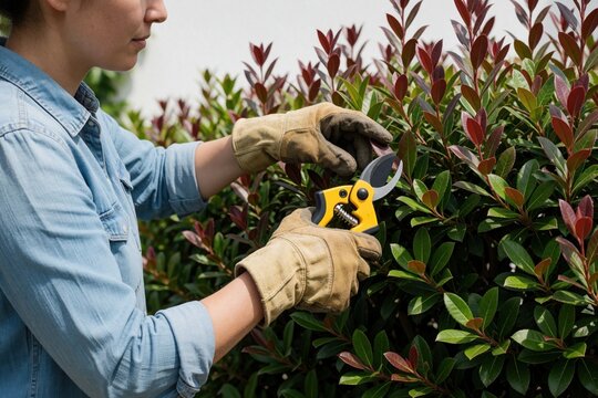 Female gardener uses yellow pruning shears to trim Lilly Pilly hedge. Woman wearing denim shirt, protective gloves cuts green leaves in garden. Close up of hands performing landscaping maintenance,