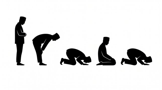 Muslim Man Prayer Positions Step by Step Rakat Sequence Silhouette Vector Illustration