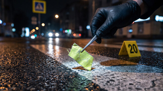 Forensic investigator collecting fabric evidence from a nighttime traffic accident scene on a wet urban road