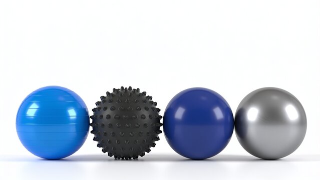 Minimalist set of textured exercise therapy balls in blue black and silver against white background