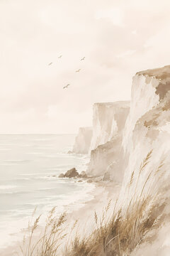 Serene watercolor coastal cliffs landscape with sea grass and flying birds, minimalist ocean view in soft warm beige aesthetic