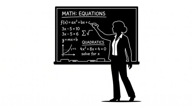 Female Math Teacher Writing Equations on Chalkboard Silhouette Vector Illustration