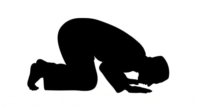 Muslim man kneeling in prostration position during traditional Islamic prayer shown in clean black silhouette format isolated against a solid white backdrop.