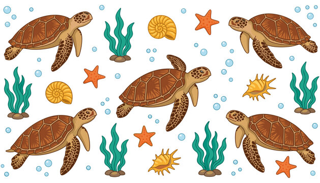 Seamless Ocean Pattern Vector Set with Cute Sea Turtles, Seaweed Plants, Starfish, and Water Bubbles for Nautical Fabrics and Marine Children Room Wallpapers