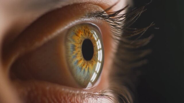 Extreme macro footage of a single beautiful healthy human eye with a warm golden-yellow iris for national eye exam month