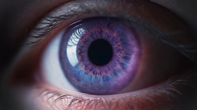 Extreme macro footage of a single beautiful healthy human eye with a rich violet iris for national eye exam month