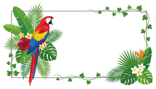 Tropical Scarlet Macaw Parrot Border Frame with Exotic Palm Leaves, Hibiscus Flowers, and Plumeria Blossoms for Summer Beach Party Invitation Templates