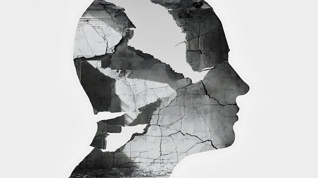 Prompt: A beautiful urban-melancholy view. A clean white profile head silhouette is filled with broken structural ribs and cracked walls of an abandoned cement building casting deep shadows. 