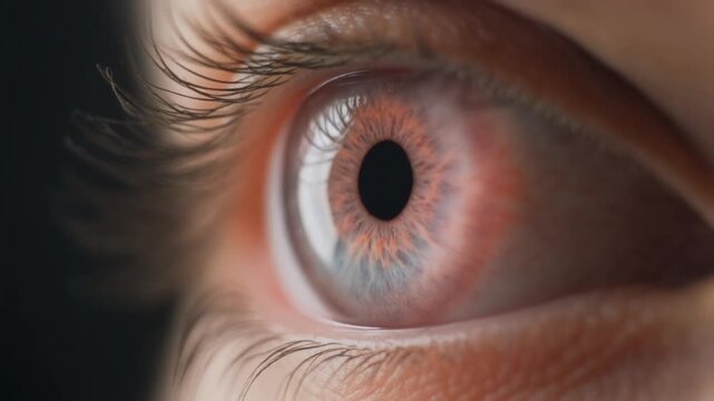 Extreme macro footage of a single beautiful healthy human eye with a soft natural pink-rose iris for national eye exam month