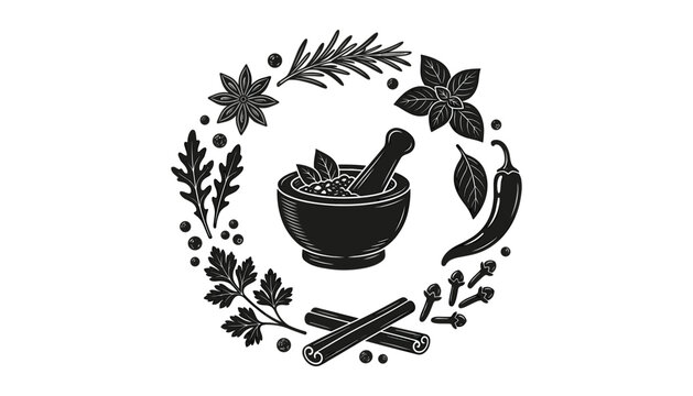 Vintage Linocut Mortar and Pestle Vector Logo Frame with Culinary Herbs, Spices, Chili Pepper, and Cinnamon Sticks for Kitchen Menu Graphic Designs