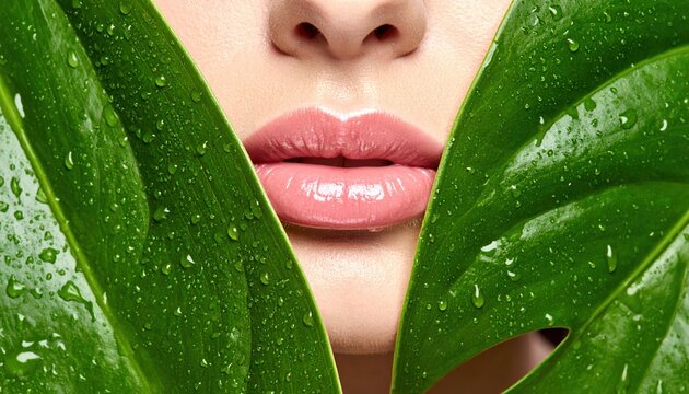 Leaf shaped lips covered with water drops, natural beauty care concept