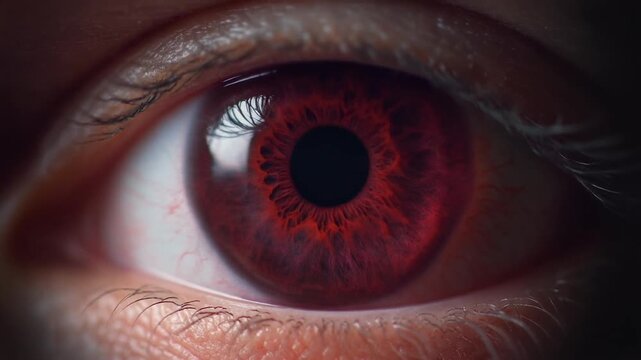 Extreme macro footage of a single beautiful healthy human eye with a deep burgundy red iris for national eye exam month