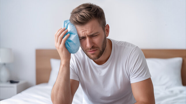 Suffering man holding ice pack to head while sitting on bed. Male patient experiencing severe migraine or fever symptoms at home.