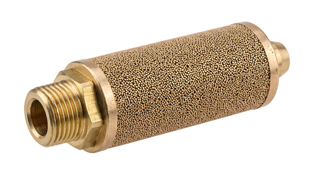 Brass inline silencer filter with threaded connection for pneumatic equipment.