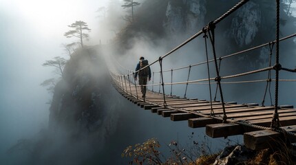 Fototapeta premium Man with backpack crosses rickety wooden suspension bridge over foggy mountain abyss. Hiker walks on narrow path, mist surrounds steep cliffs. Extreme journey tests courage and balance.